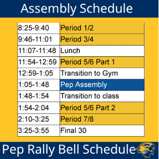 Pep rally bell schedule: Period 1/2 8:25-9:40, Period 3/4 9:46-11:01, Lunch 11:07-11:48, Period 5/6 Part 1 11:54-12:59, transition to gym 12:59-1:05, Pep Assembly 1:05-1:48, transition to class 1:48-1:54, Period 5/6 Part 2 1:54-2:04, Period 7/8 2:10-3:25, Final 30 3:25-3:55
